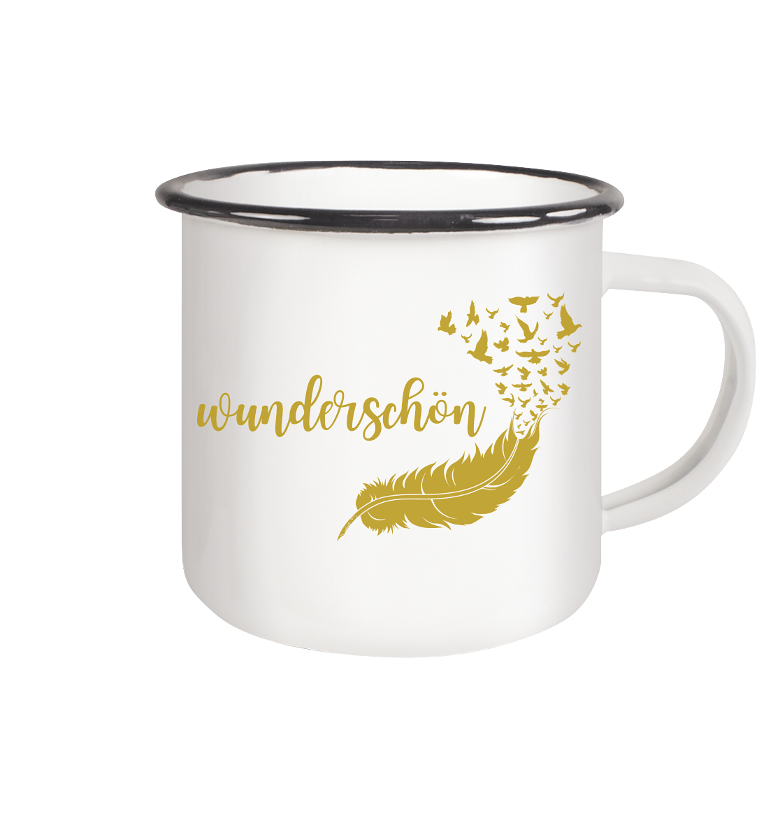 Emaille-Tasse „Goldene Feder“ – Wunderschön & Magisch ✨🪶