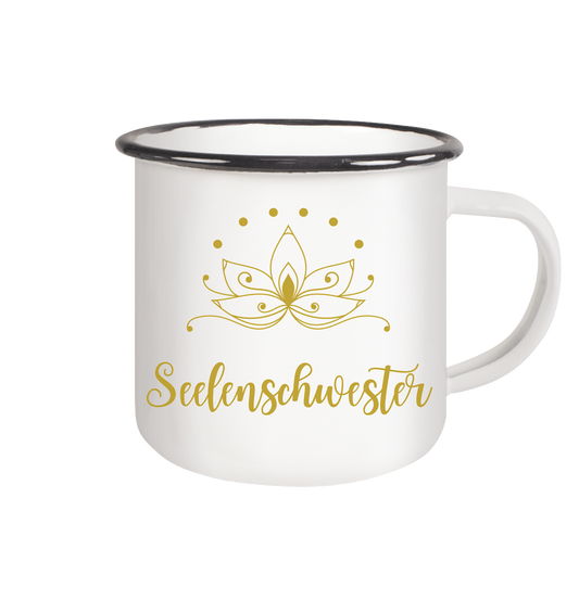 Seelenschwester Emaille Tasse – Goldener Lotus ✨🌸