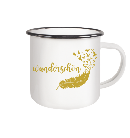 Emaille-Tasse „Goldene Feder“ – Wunderschön & Magisch ✨🪶